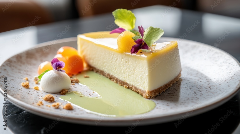Key lime pie with fresh apricot and mint on a plate Key lime pie with fresh apricot and mint on a plate
