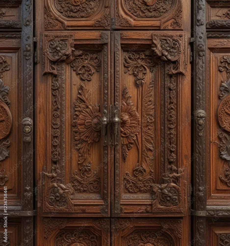 Old wooden cabinet with intricate carvings and ornate metal hinges , wooden box, shelves, antique Old wooden cabinet with intricate carvings and ornate metal hinges , wooden box, shelves, antique