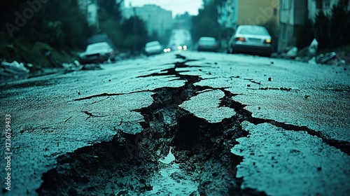 Damaged road, cracks, city street, overcast background. Possible use disaster, destruction photo