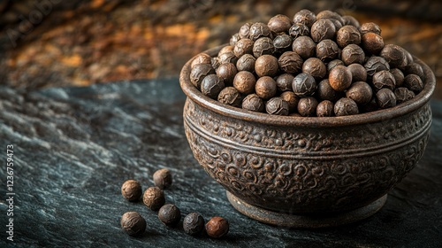 Dark brown tea balls in ornate bowl on dark slate surface with blurred background photo