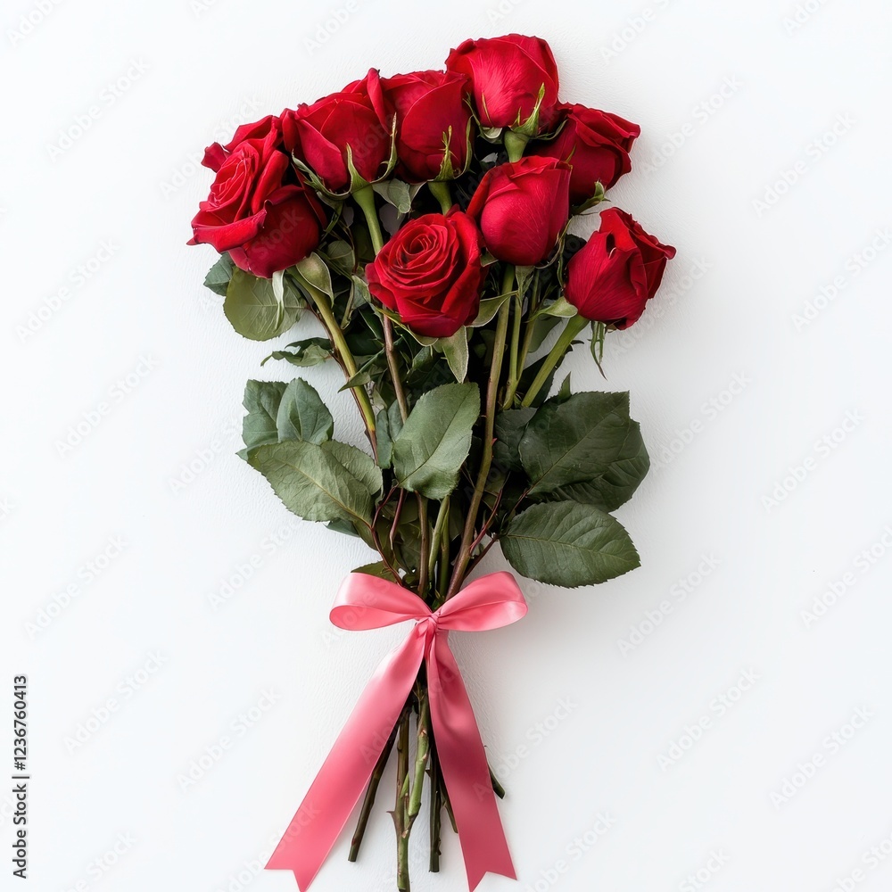 Beautiful Bouquet of Red Roses Tied with Pink Ribbon on White Background Beautiful Bouquet of Red Roses Tied with Pink Ribbon on White Background