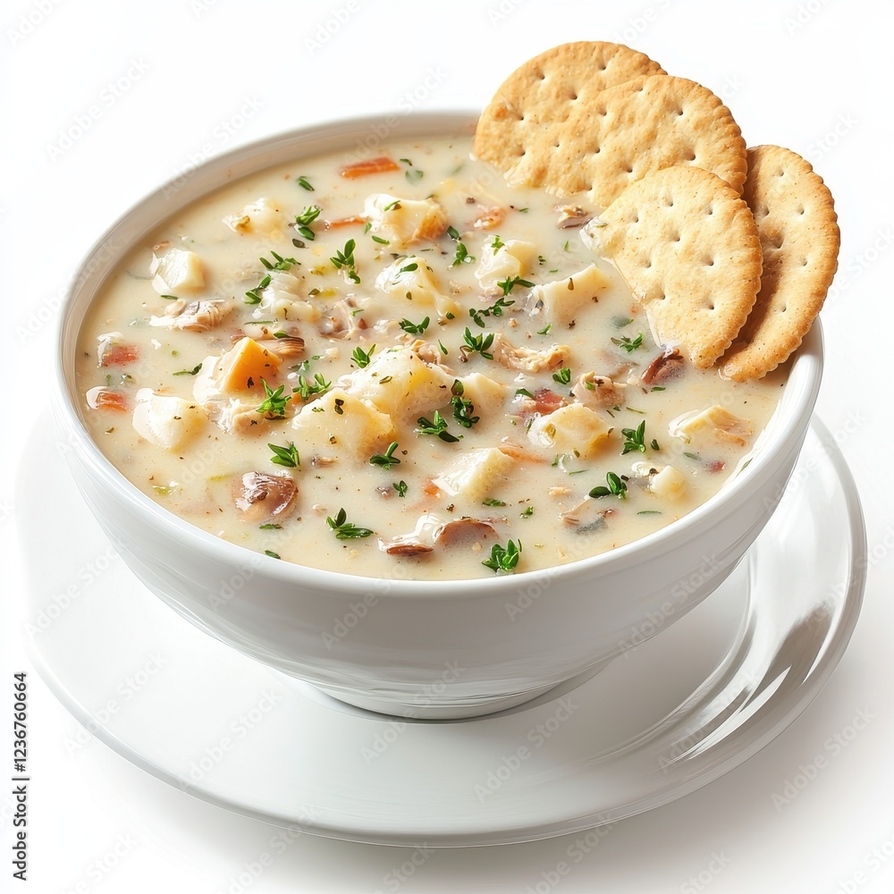 Delicious Bowl of Clam Chowder Served with Savory Crackers Delicious Bowl of Clam Chowder Served with Savory Crackers