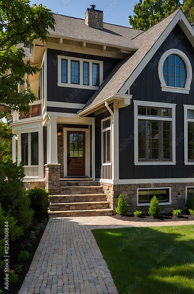 Obraz premium Luxury Modern Home Exterior: Stone, Wood, and Brick Design