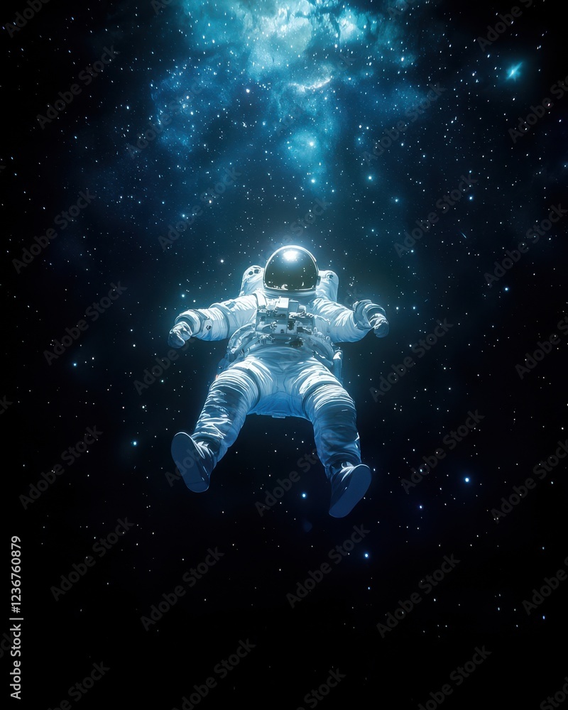 Fototapeta premium Lone astronaut floating in dark space cosmic void sci-fi art haunting atmosphere deep space perspective
