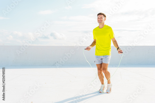 Man jumps rope on a bright day in a sunny outdoor space with a playful attitude and energetic vibe photo