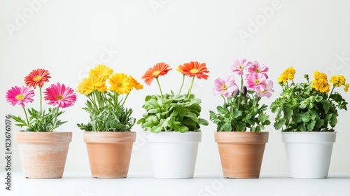 Wallpaper Mural Colorful potted flowers arranged on a white surface in a bright indoor setting during daylight Torontodigital.ca