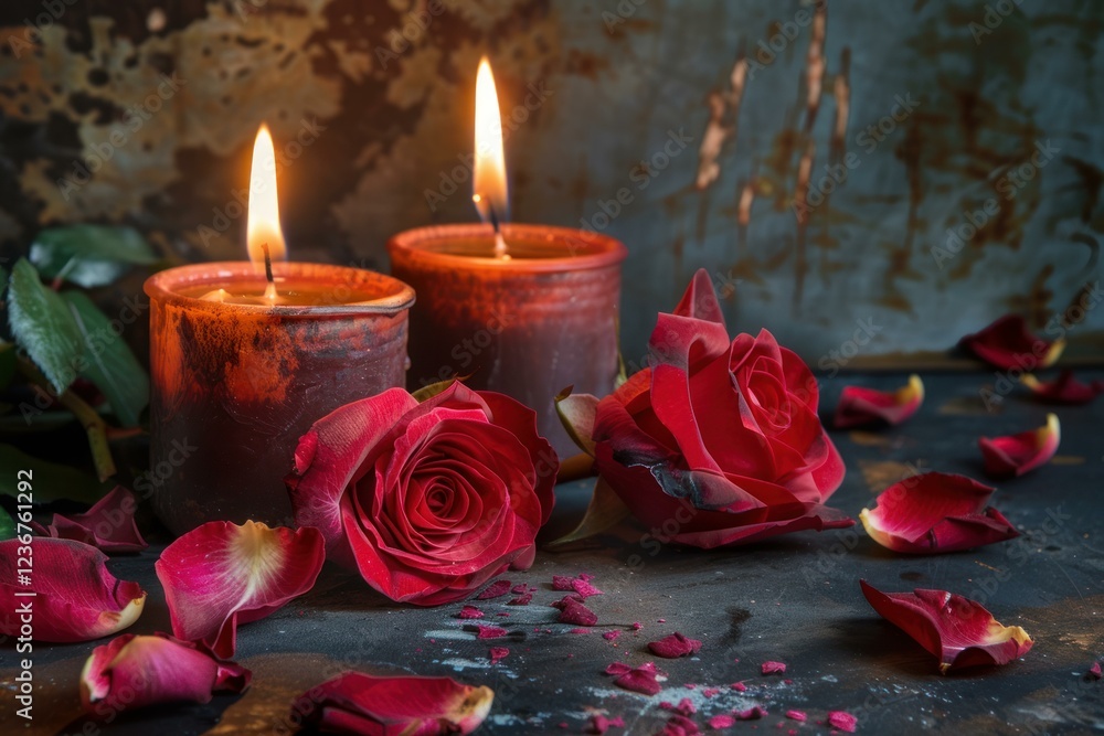 Romantic still life with burning candles and red roses creating a warm and intimate atmosphere Romantic still life with burning candles and red roses creating a warm and intimate atmosphere