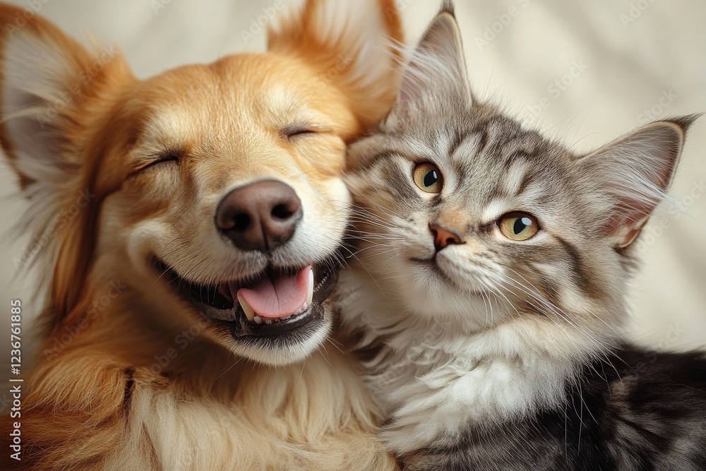 Obraz premium A playful dog and a friendly cat share a joyful moment together in a cozy indoor setting, showcasing their bond and happiness
