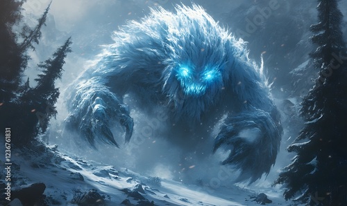 A monstrous icy creature with glowing blue eyes stands in a snowy mountain landscape