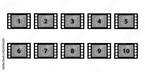 Set of countdown frame. Film countdown. Movie timer count. Retro cinema strip. Vintage timer count.