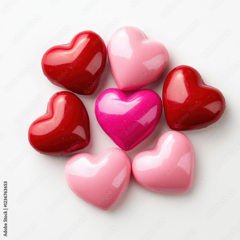 Fototapeta premium Heart Shaped Candy in Pink and Red Tones on White Background
