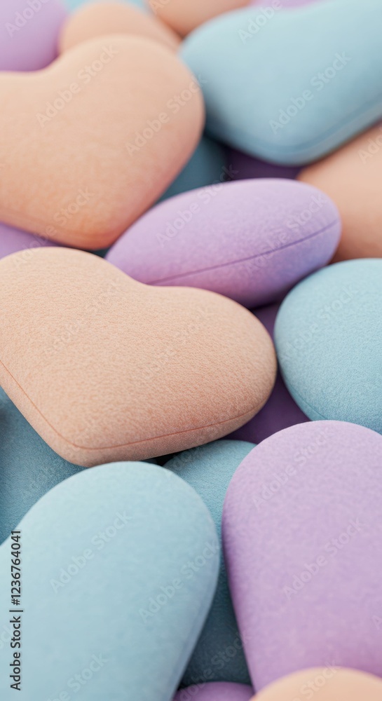 Soft pastel heart-shaped cushions in pink, blue, and purple Soft pastel heart-shaped cushions in pink, blue, and purple