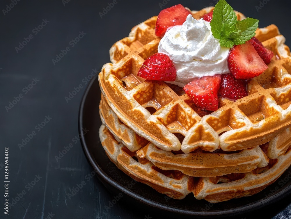 Delicious stack of homemade waffles with fresh fruit and whipped cream bright natural lighting food Delicious stack of homemade waffles with fresh fruit and whipped cream bright natural lighting food