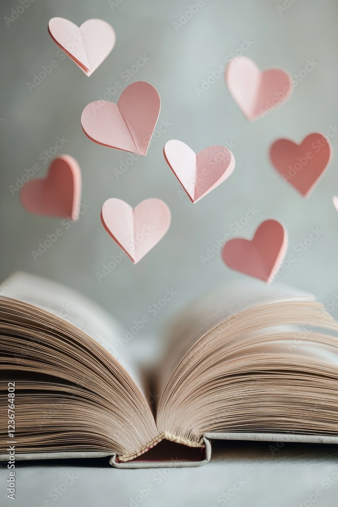 Floating hearts surround an open book on a soft background, symbolizing love and connection through reading and imagination Floating hearts surround an open book on a soft background, symbolizing love and connection through reading and imagination