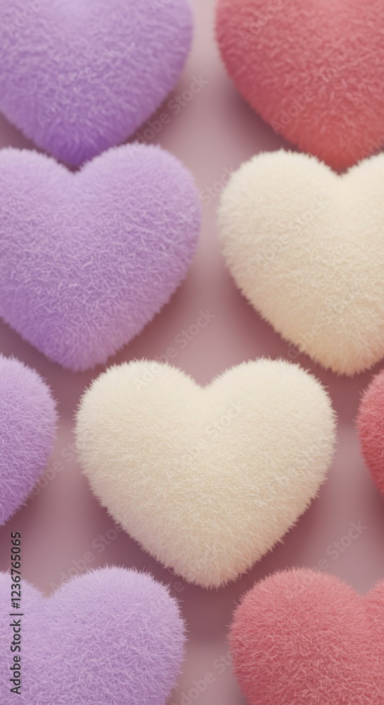 Fototapeta premium Colorful fluffy hearts pattern in soft pastel tones