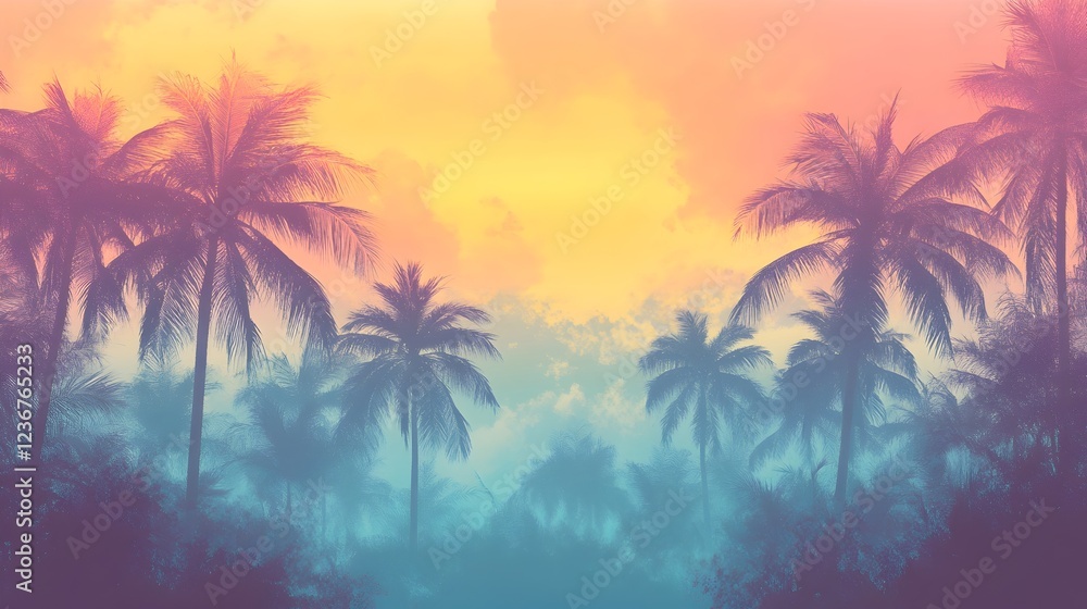 depicts silhouetted palm trees against a vibrant, gradient sunset sky. The colors blend from a warm orange-yellow at the horizon to a bright pink at the top. The palm trees are dark depicts silhouetted palm trees against a vibrant, gradient sunset sky. The colors blend from a warm orange-yellow at the horizon to a bright pink at the top. The palm trees are dark