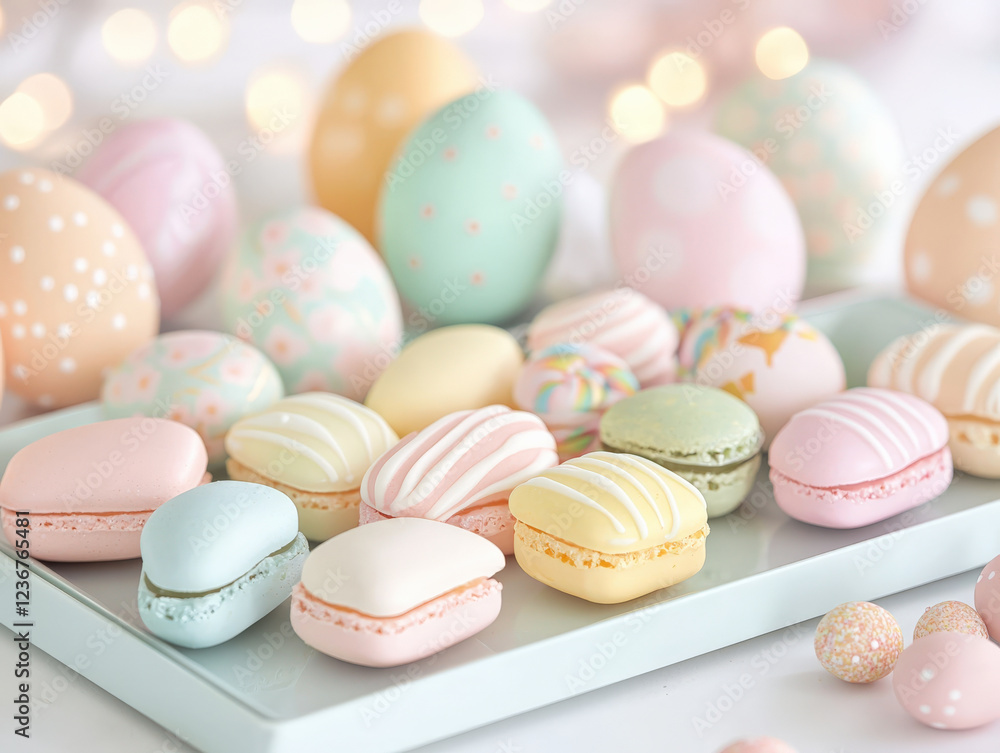 Fototapeta premium Delightful pastel candies and decorated eggs create festive atmosphere