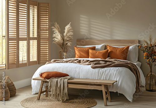 
A minimalist bedroom with an uncluttered and cozy feel, featuring wooden shutters on the left side of the room, a white bed in front of them adorned with beige bedding, orange pillows.