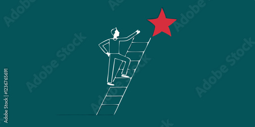A stylized illustration shows a person climbing a ladder towards a red star on a teal background. Use for motivation blogs, career development websites, and achieving goals concepts