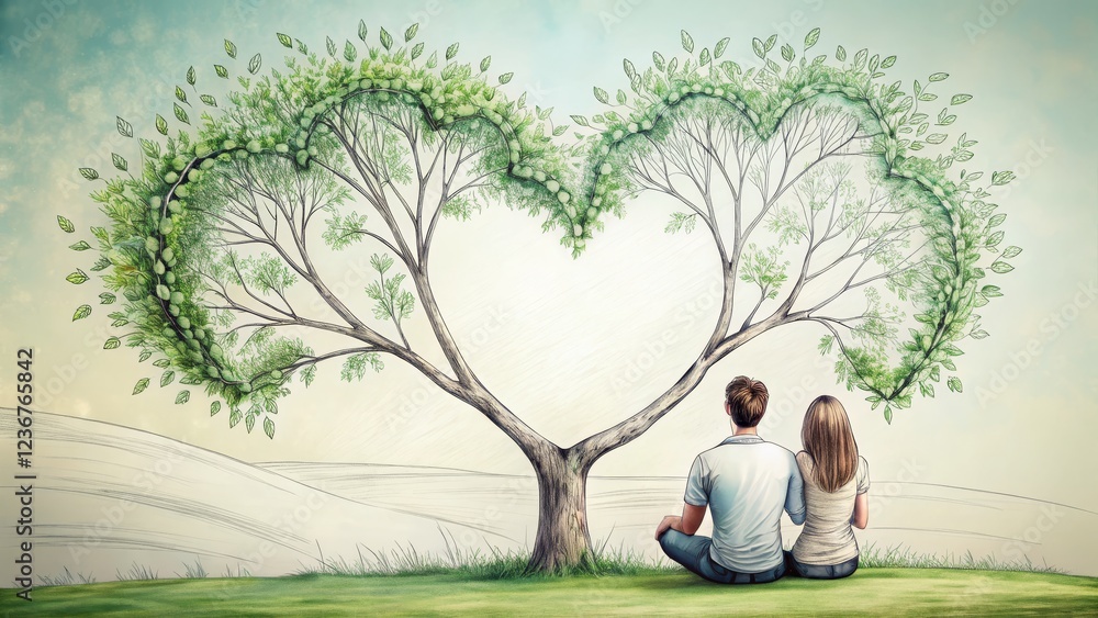 Couple Sitting Beneath Heart-Shaped Tree with Green Leaves Couple Sitting Beneath Heart-Shaped Tree with Green Leaves