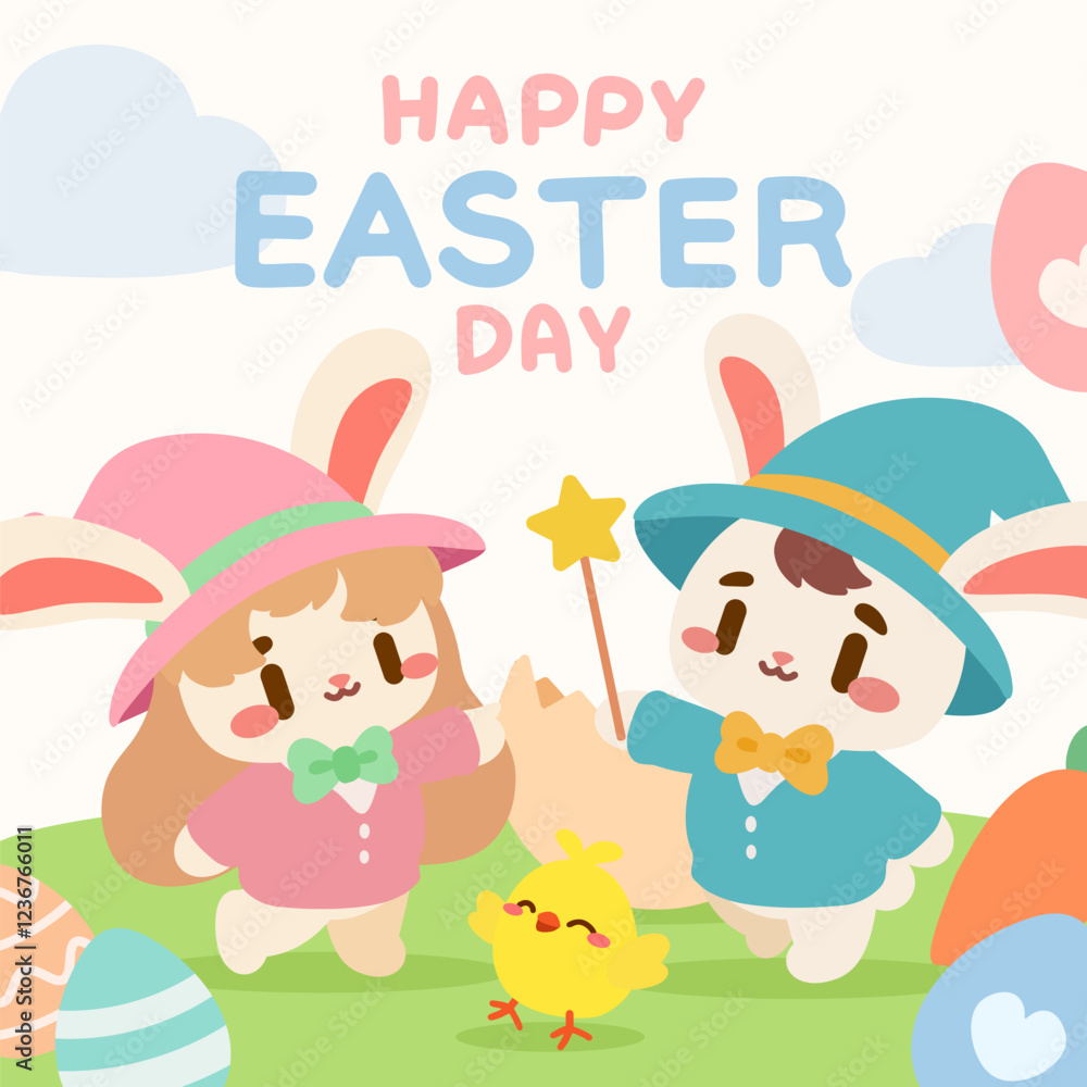 Cute Easter Bunnies with Magic Wands Celebrating Easter Day. Adorable Bunny Wizards and Baby Chick in a Joyful Easter Scene. Happy Easter Day Illustration with Cute Bunny Friends and Colorful Eggs. Cute Easter Bunnies with Magic Wands Celebrating Easter Day. Adorable Bunny Wizards and Baby Chick in a Joyful Easter Scene. Happy Easter Day Illustration with Cute Bunny Friends and Colorful Eggs.