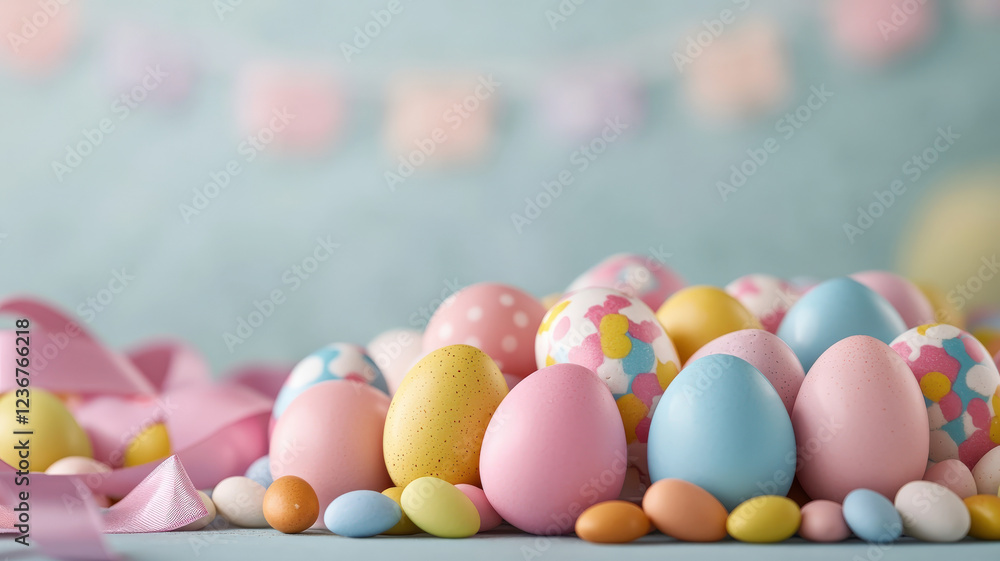 Colorful Easter eggs and candy create festive atmosphere for spring celebrations. pastel colors and playful designs evoke joy and excitement Colorful Easter eggs and candy create festive atmosphere for spring celebrations. pastel colors and playful designs evoke joy and excitement