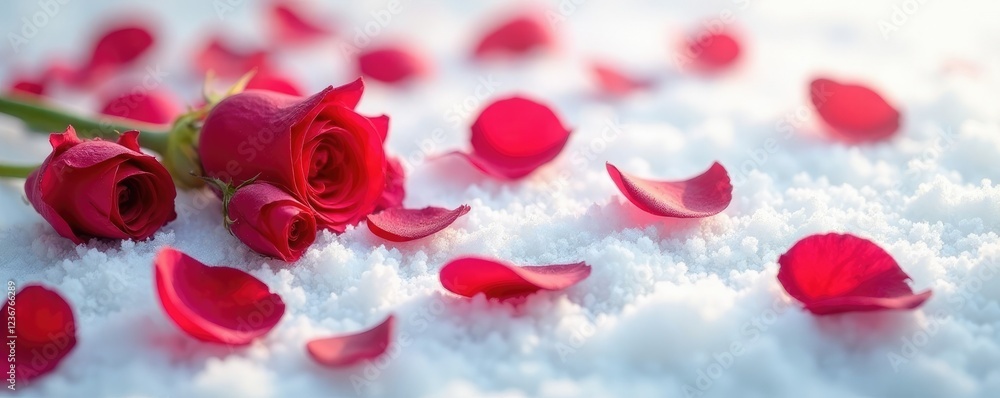 Delicate red rose petals scattered on pristine white snow, floral, snow, flowers Delicate red rose petals scattered on pristine white snow, floral, snow, flowers