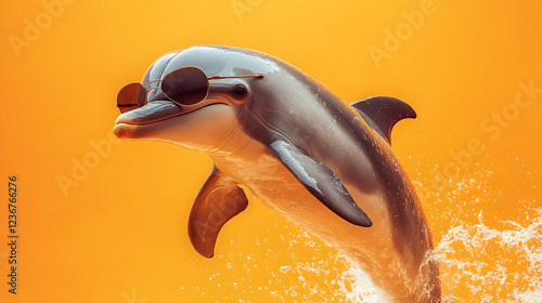 Cool dolphin wearing stylish sunglasses standing against a solid yellow background exuding confidence and charisma ultra-detailed high-quality studio portrait with a sleek and playful presence