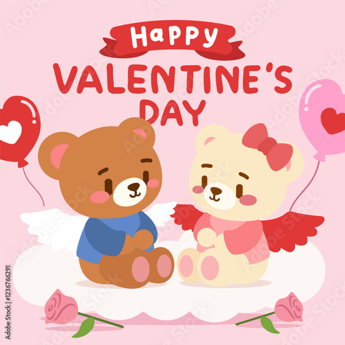 An adorable Valentine’s Day illustration featuring two adorable teddy bears dressed as angels, sitting on a fluffy cloud with heart balloons and romantic details. 