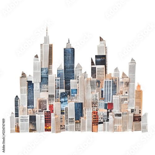 Collage of city skyline made from newspaper clippings and images