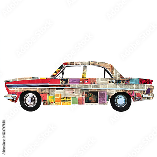 Vintage car collage made of newspaper clippings, showcasing creativity