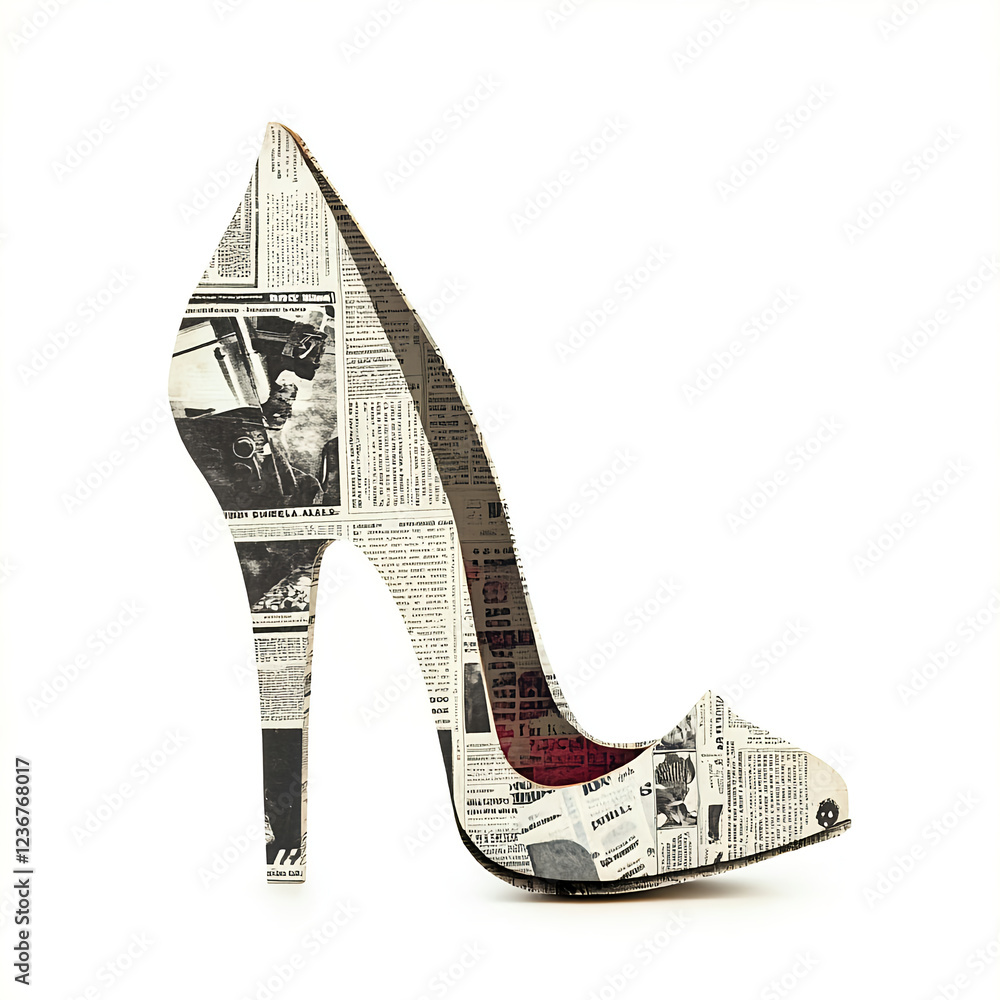 Stylish high heel shoe made of newspaper clippings, showcasing unique design Stylish high heel shoe made of newspaper clippings, showcasing unique design