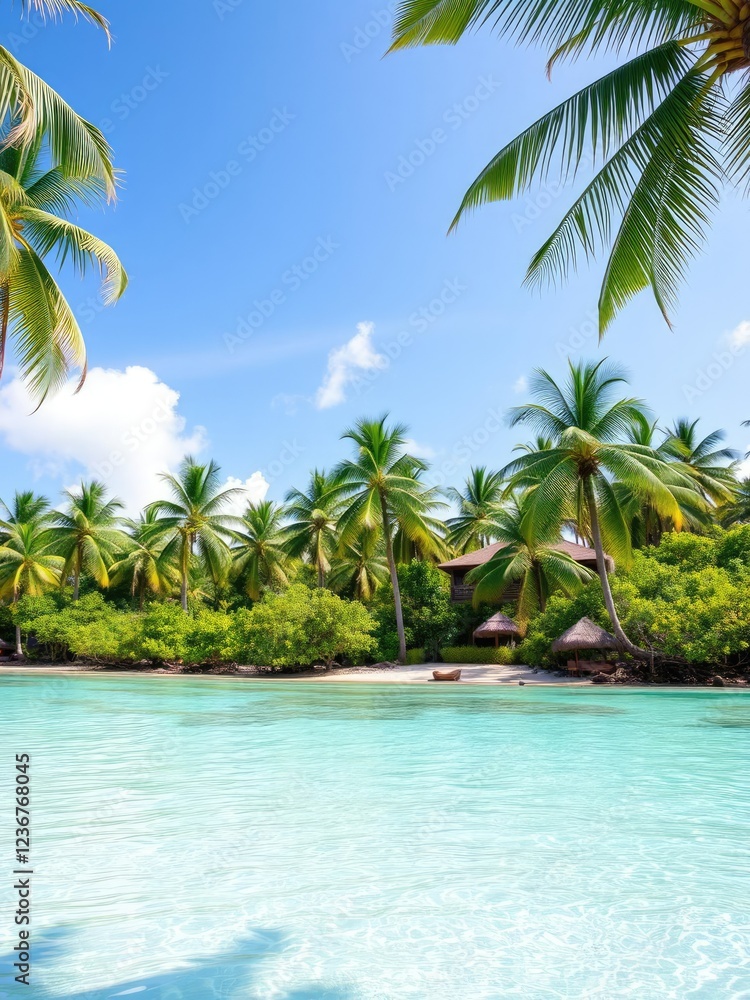 Obraz premium Idyllic tropical beach with palm trees and crystal clear turquoise water, idyllic, tranquil, serene