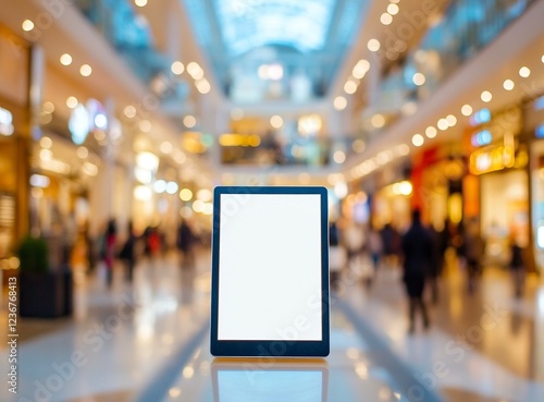 Wallpaper Mural A blank, white digital signage vertical screen in the middle of a blurry, out-of-focus shopping mall background, a mockup template and stock photo contest winner.  Torontodigital.ca