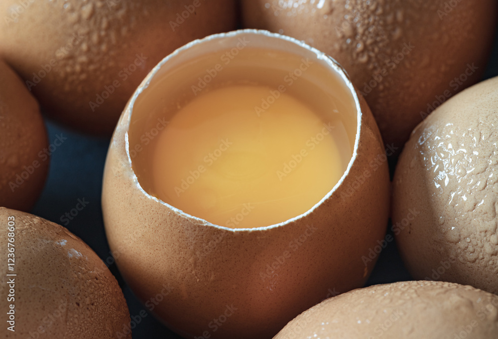 Close-up of Egg yolk in Broken raw chicken eggshell and Fresh chicken egg (Hen egg). Natural organic fresh eggs for healthy food, use it as your Space for text, Design, Wallpaper and Poster,