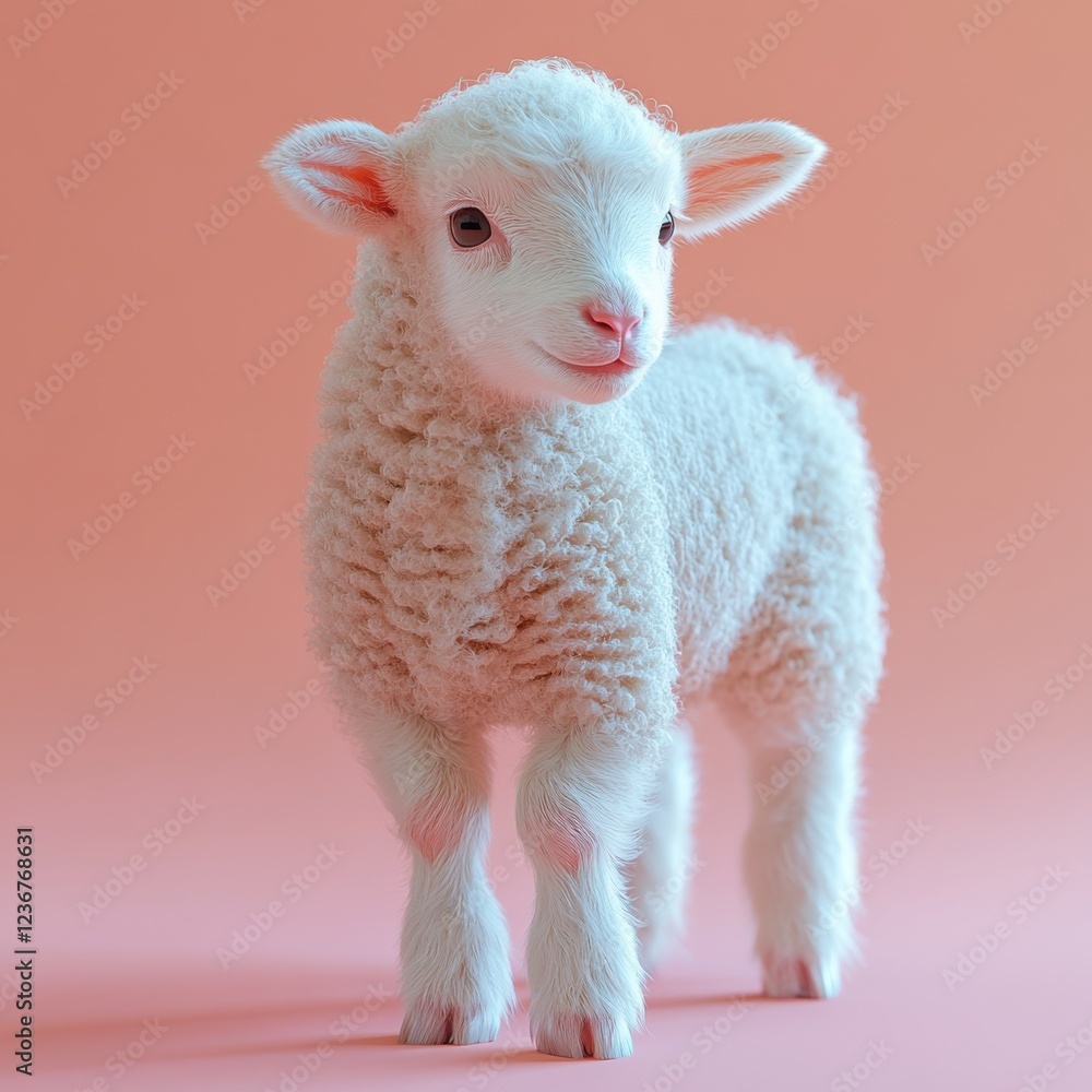 Fototapeta premium Playful lamb standing against a pastel background during a calm indoor setting