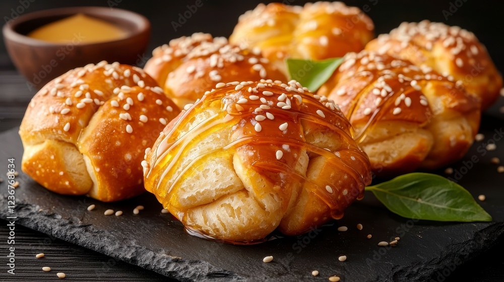 Snack foods pretzels organic concept. Golden, fluffy bread rolls topped with sesame seeds, accompanied by a small bowl of dipping sauce, arranged on a dark slate surface. Snack foods pretzels organic concept. Golden, fluffy bread rolls topped with sesame seeds, accompanied by a small bowl of dipping sauce, arranged on a dark slate surface.