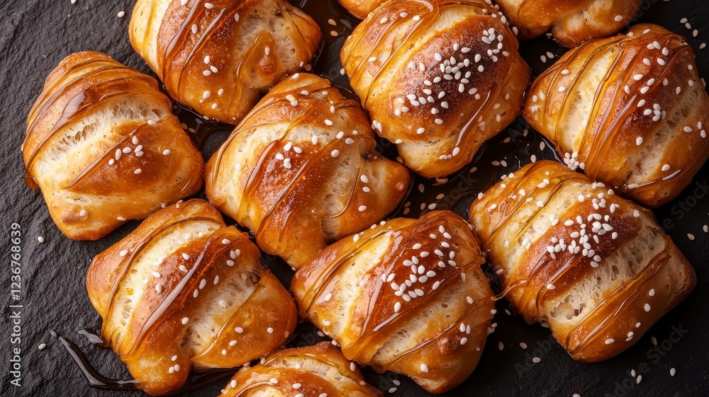 Snack foods pretzels organic concept. Flaky, golden-brown pastries sprinkled with coarse salt, arranged neatly on a dark surface, showcasing their tempting texture and delicious appeal. Snack foods pretzels organic concept. Flaky, golden-brown pastries sprinkled with coarse salt, arranged neatly on a dark surface, showcasing their tempting texture and delicious appeal.