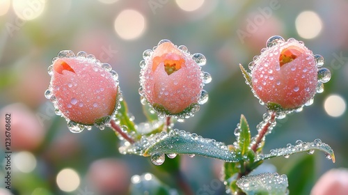 Wallpaper Mural Dew-kissed peach blossoms in garden, sunrise bokeh background Torontodigital.ca
