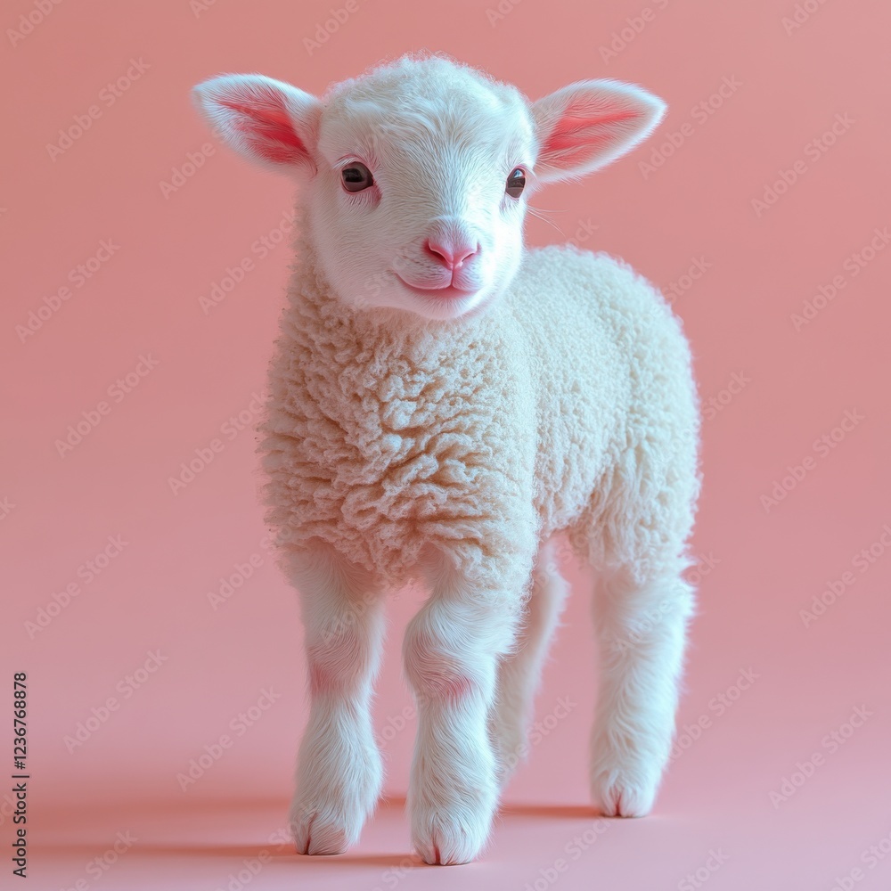 Fototapeta premium Cute fluffy lamb standing on a soft pink background, showcasing its playful nature and adorable features in a serene indoor setting