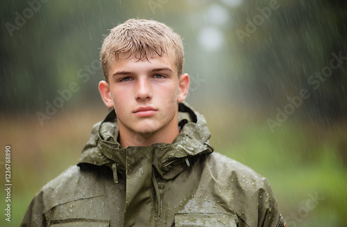 young recruit standing in the rain, his uniform soaked, staring ahead with determination photo