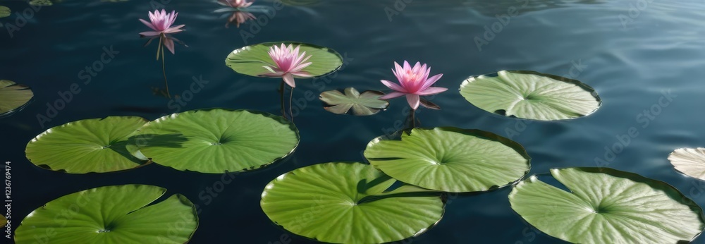 Lily pads floating on the surface of the calm water, natural beauty, tranquil ambiance, water features Lily pads floating on the surface of the calm water, natural beauty, tranquil ambiance, water features