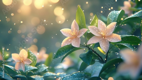 Dewy Peach Flowers, Sunrise Garden, Soft Focus, Spring photo