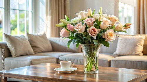 Long-stemmed roses and lilies in a elegant vase on a coffee table, birthday gift, flower arrangement, elegant vase