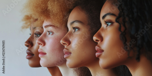 Profiles of four beautiful women with different skin tones, on plain solid background. Diversity, multi-ethnic beauty concept.