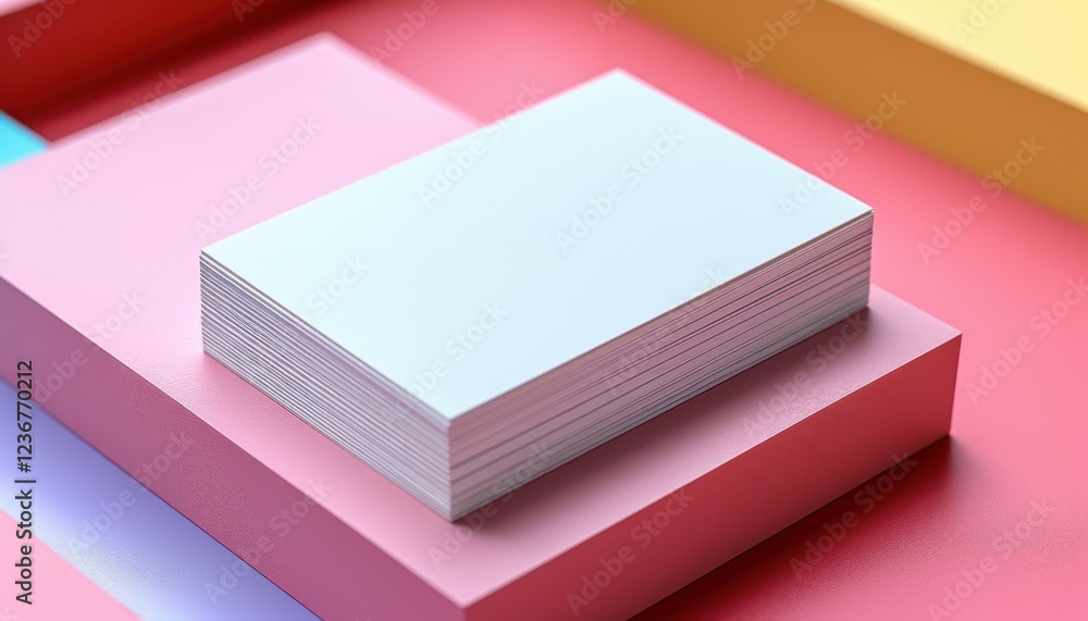 A stack of white business cards is on a pink surface A stack of white business cards is on a pink surface