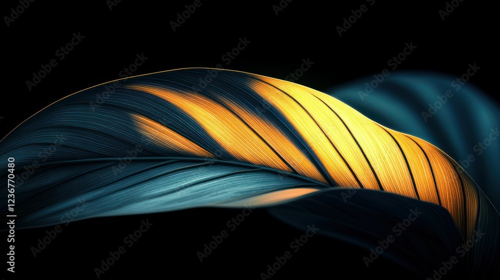 Obraz premium Dramatic backlit tropical leaf detail on black background