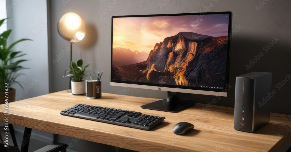 Fototapeta premium Modern desktop computer setup on wooden table, workspace, desktop, office