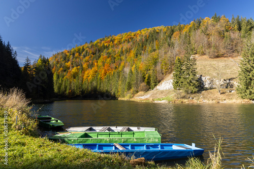 Landscape near Dedinky and Stratena with Hnilec river, National Park Slovak Paradise, Slovakia photo