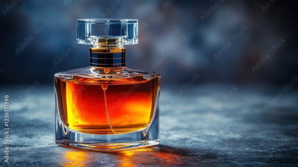 Elegant amber perfume bottle on textured surface, dramatic backdrop Elegant amber perfume bottle on textured surface, dramatic backdrop